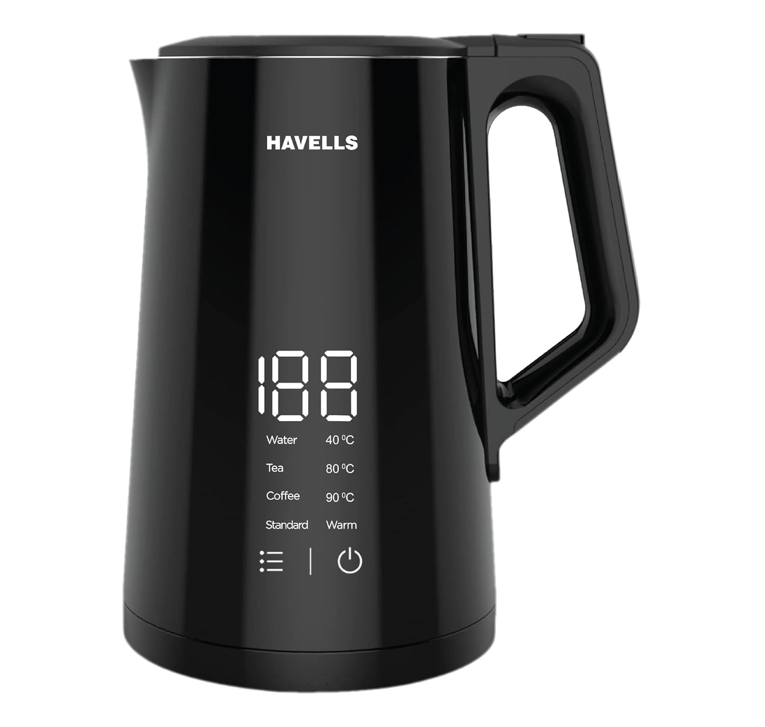 Havells I-Conic 1.5 Litre Digi Kettle With Double Wall And 304 Stainless Steel Tank (Black),1600 Watts